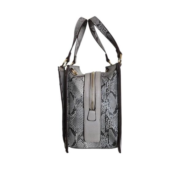Gray Studded Tote Handbag Snake Print Gold Trim Structured Satchel Purse - Picture 4 of 7